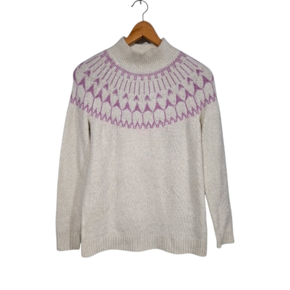 Talbots Cozy Cream/Lavender Fair Isle Snowy Yoke Mock Neck Sweater Petite S